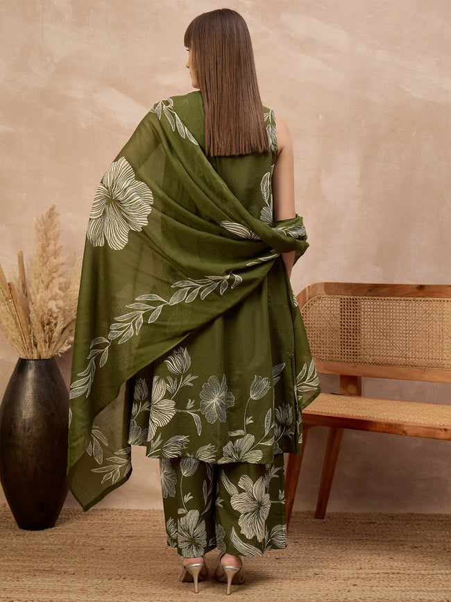 Olive Pure Cotton Floral Printed A-Line Kurta Trouser With Printed Dupatta