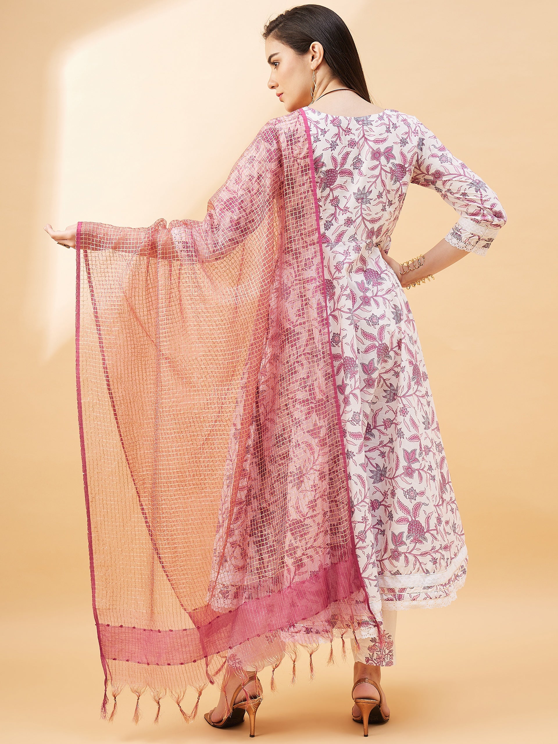 White  Pure Cotton  Printed  Anarkali Kurta  Trouser