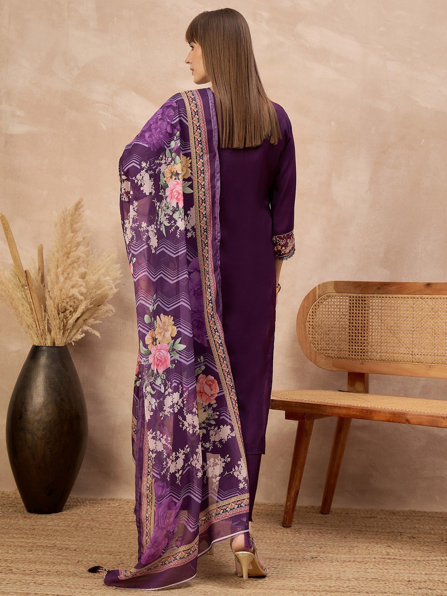 Purple Pure Cotton Beads & Stone Embroidered A-Line Kurta Trouser With Printed Dupatta