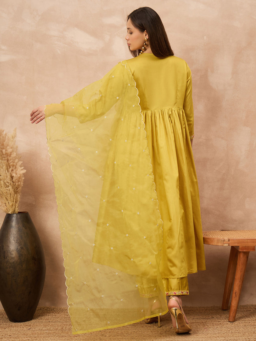 Yellow Silk Blend Solid A-Line Kurta Trouser with Dupatta
