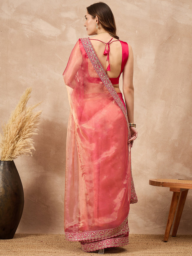 Pink  Organza Solid with Coding Border Saree with Unstitched Blouse