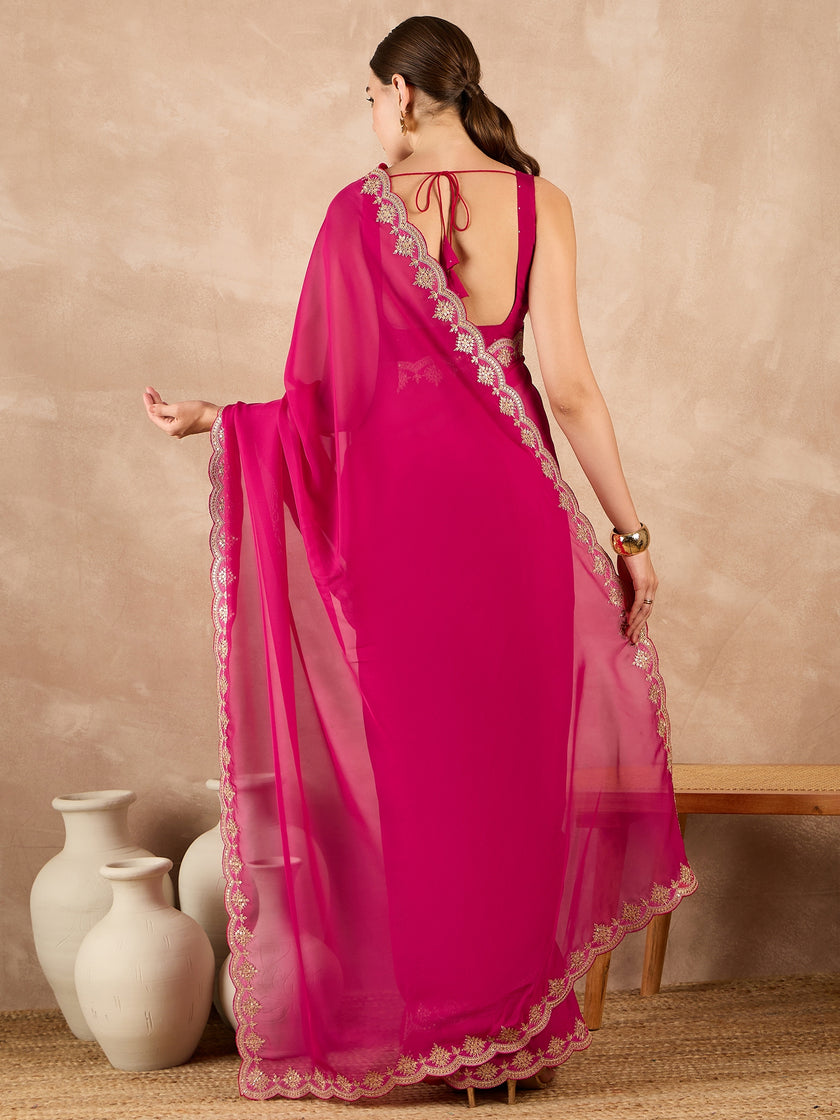 Rose Organza Solid With Embroidered Border Saree with Unstitched Fancy Blouse