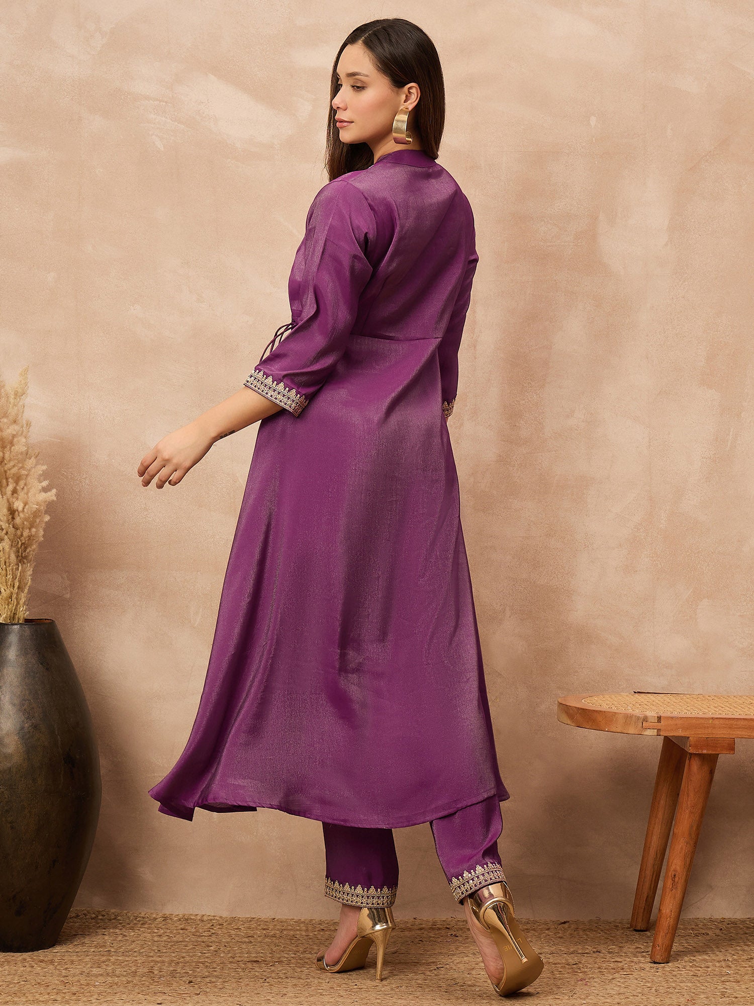 Purple Chanderi Silk Solid A-Line Kurta Trouser