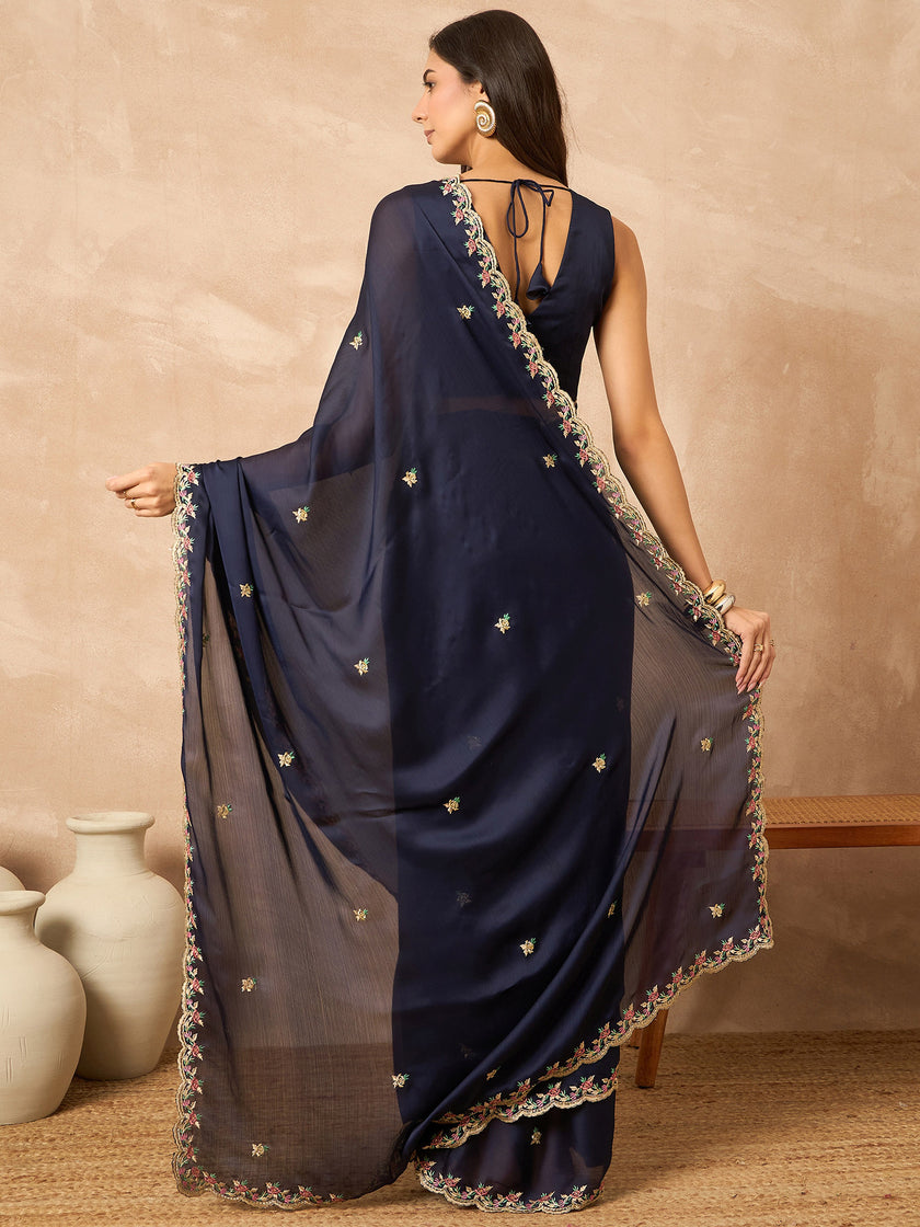 Blue Poly Chiffon Solid With Embroidered Border Saree with Unstitched Blouse
