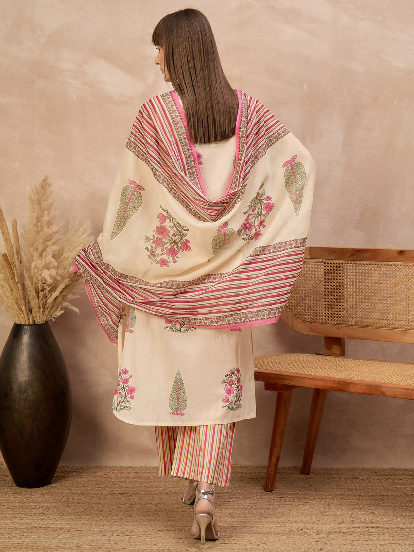 Multi Pure Cotton Floral Printed A-Line Sleeveless Kurta Trouser With Printed Dupatta