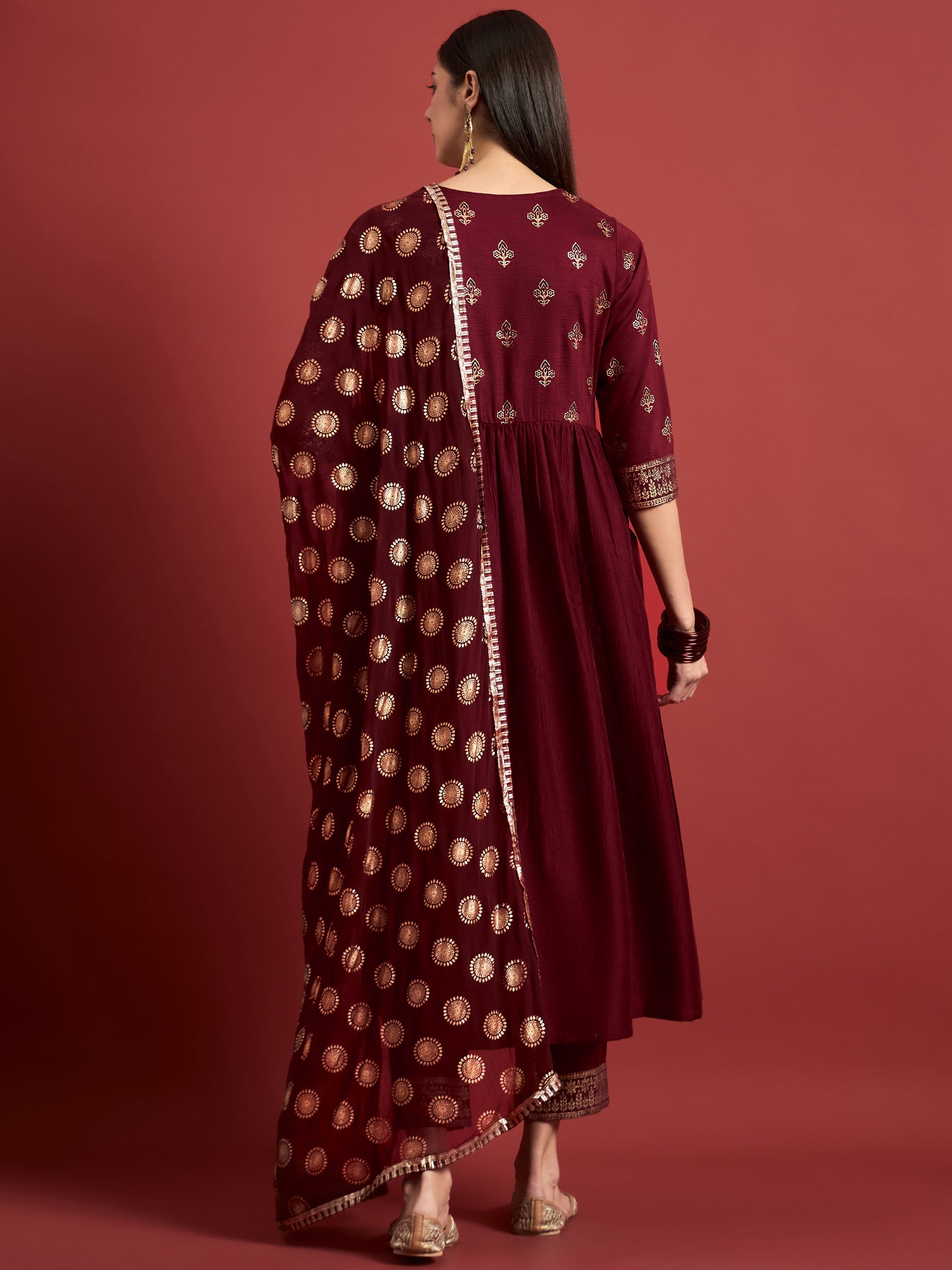 Maroon Chinon Printed A-Line Kurta  Trouser