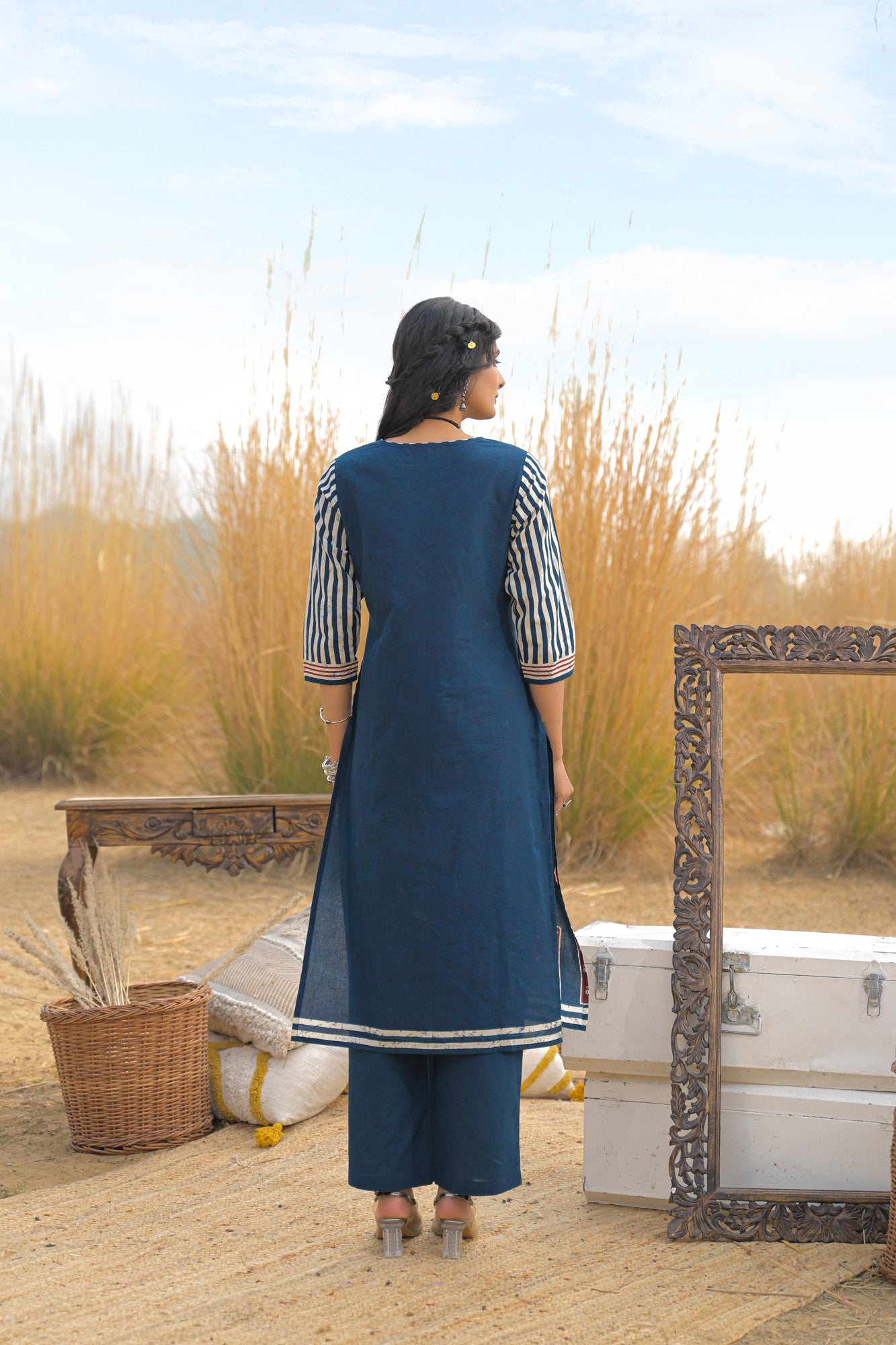 Blue Pure Cotton Ajrakh Printed A-Line Kurta Trouser With Dupatta