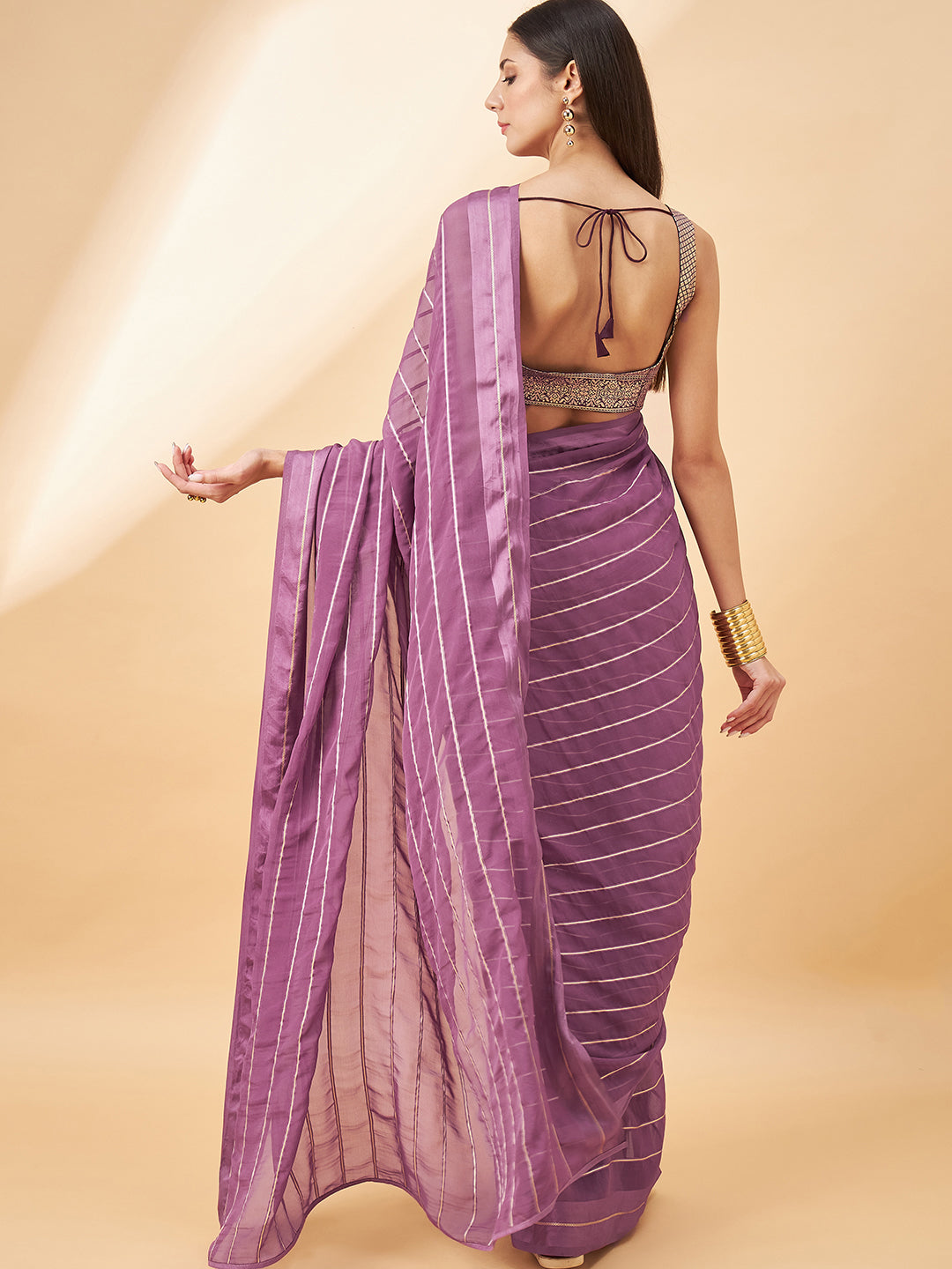 Lavender Chiffon Viscose Stripes Saree with Unstitched Fancy Blouse