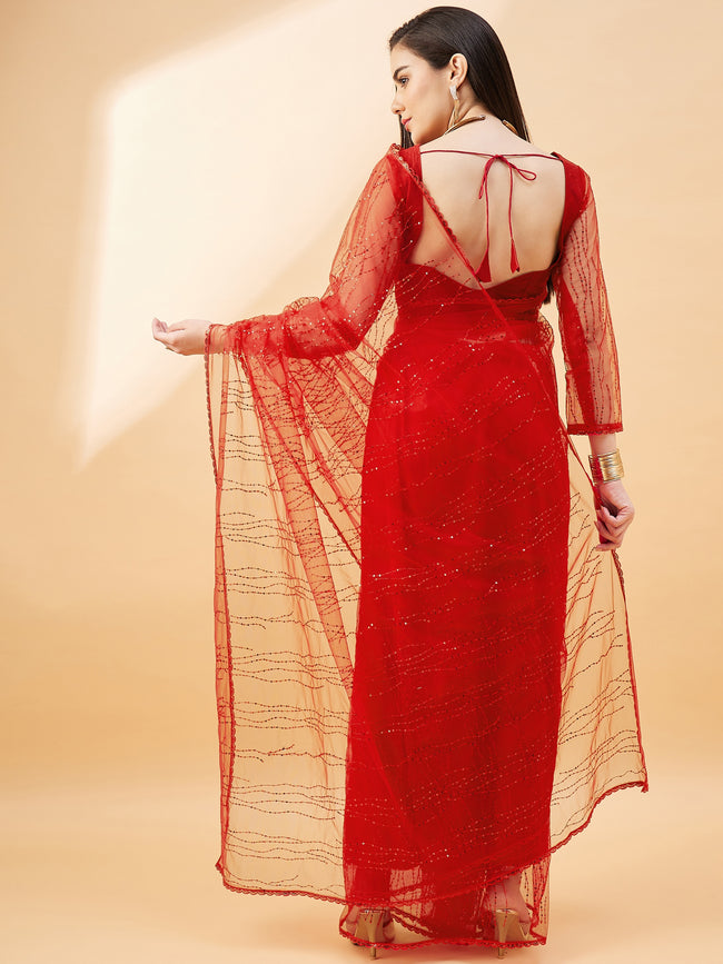 Red Net  Sequinned with Embllished Border Saree with Unstitched Fancy Blouse