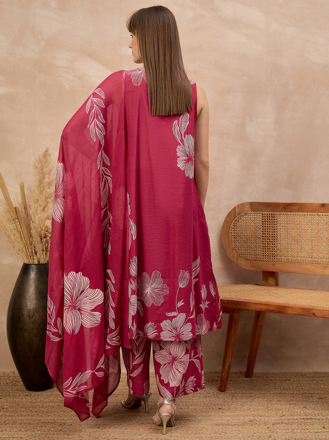 Rose Pure Cotton Floral Printed A-Line Sleeveless Kurta Trouser With Printed Dupatta