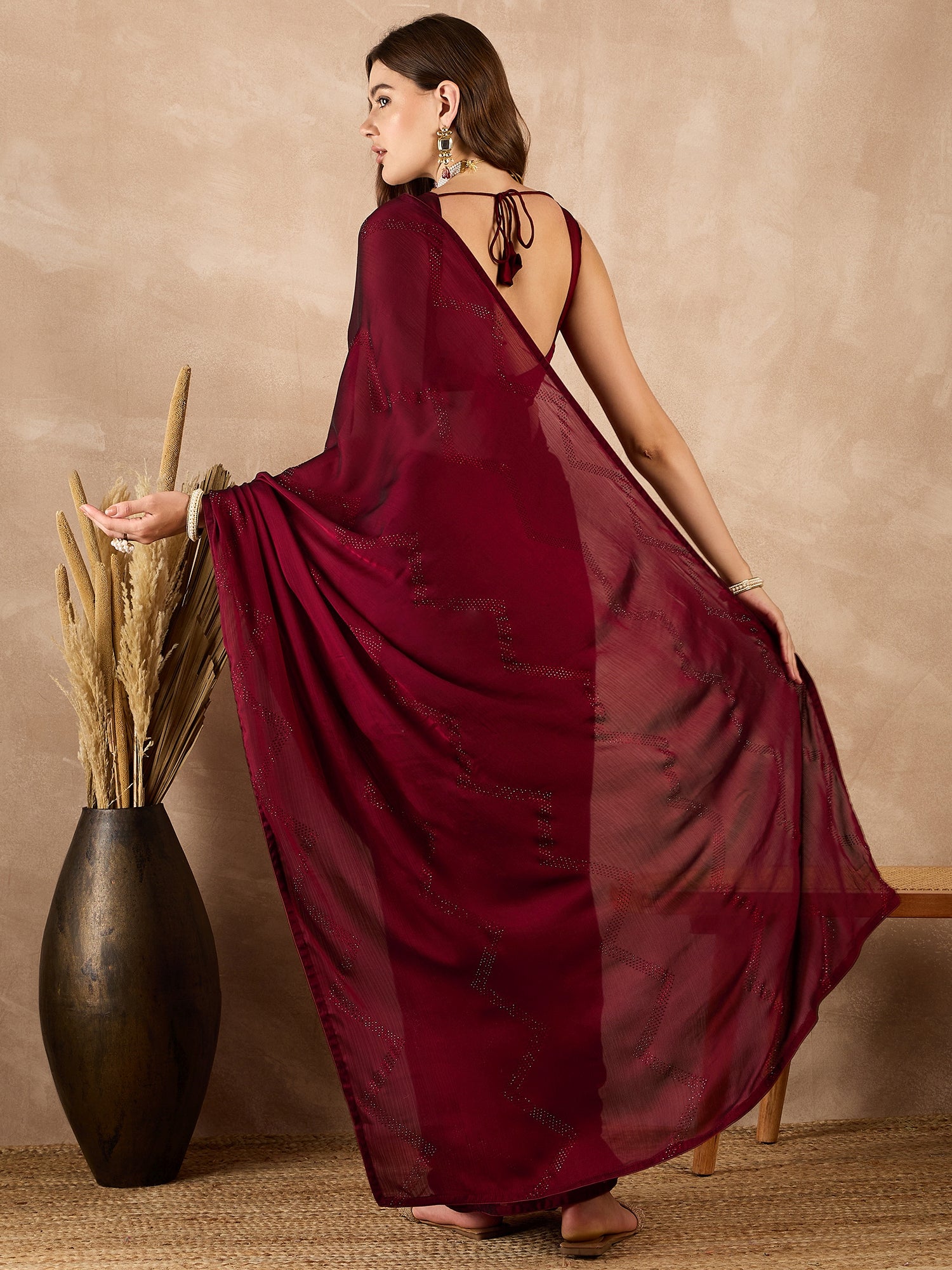 Maroon Satin Solid With Stone Work Border Saree with Unstitched Fancy Blouse