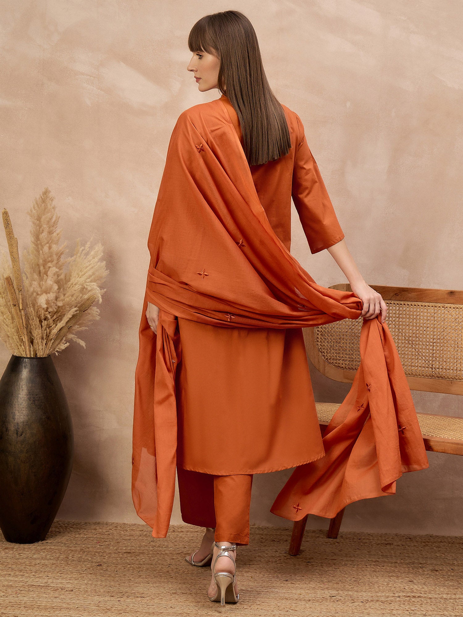 Rust Pure Cotton Geometric Embroidered A-Line Kurta Trouser With Dupatta