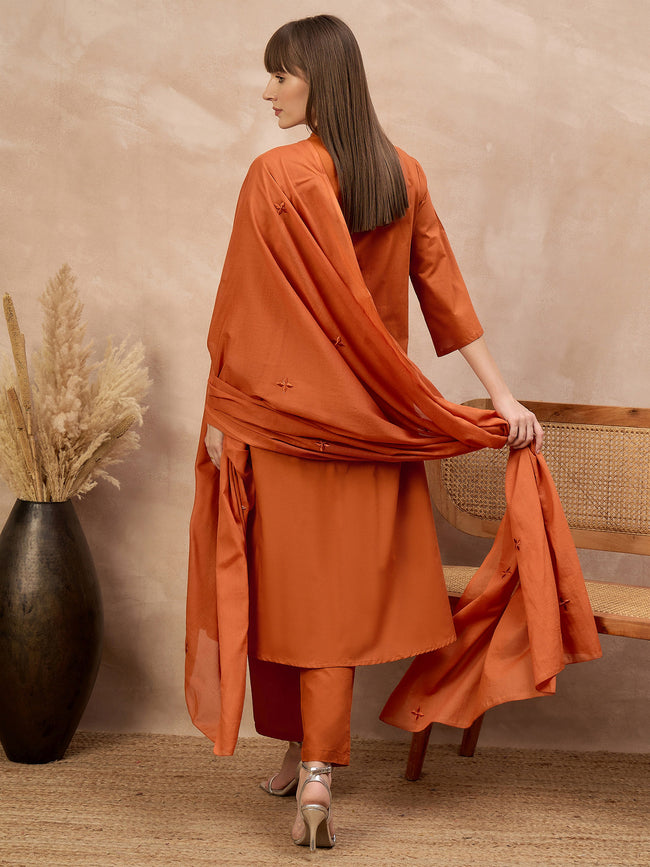 Rust Pure Cotton Geometric Embroidered A-Line Kurta Trouser With Dupatta