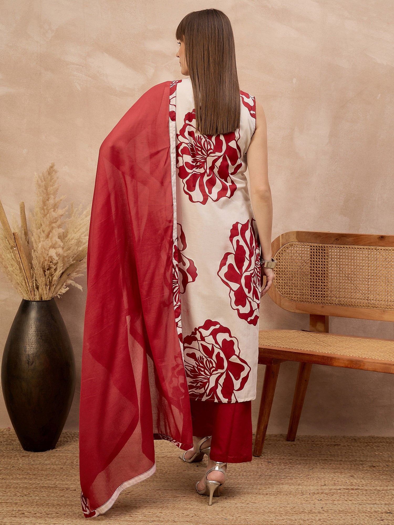 Red Pure Cotton Floral Printed A-Line Sleeveless Kurta Trouser With Dupatta