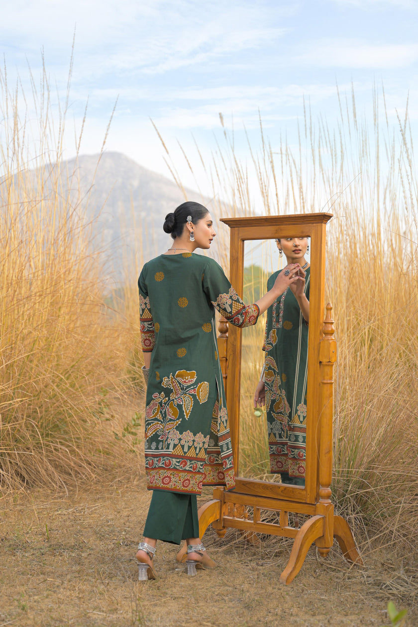 Green Pure Cotton Ajrakh Printed A-Line Kurta Trouser With Dupatta