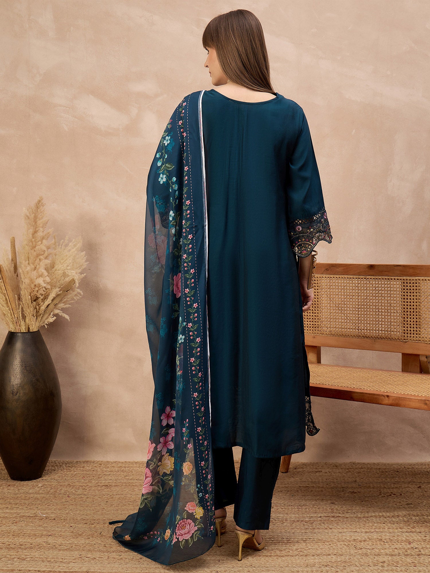 Blue Pure Cotton Beads & Stone Embroidered With Buttons A-Line Kurta Trouser With Printed Dupatta