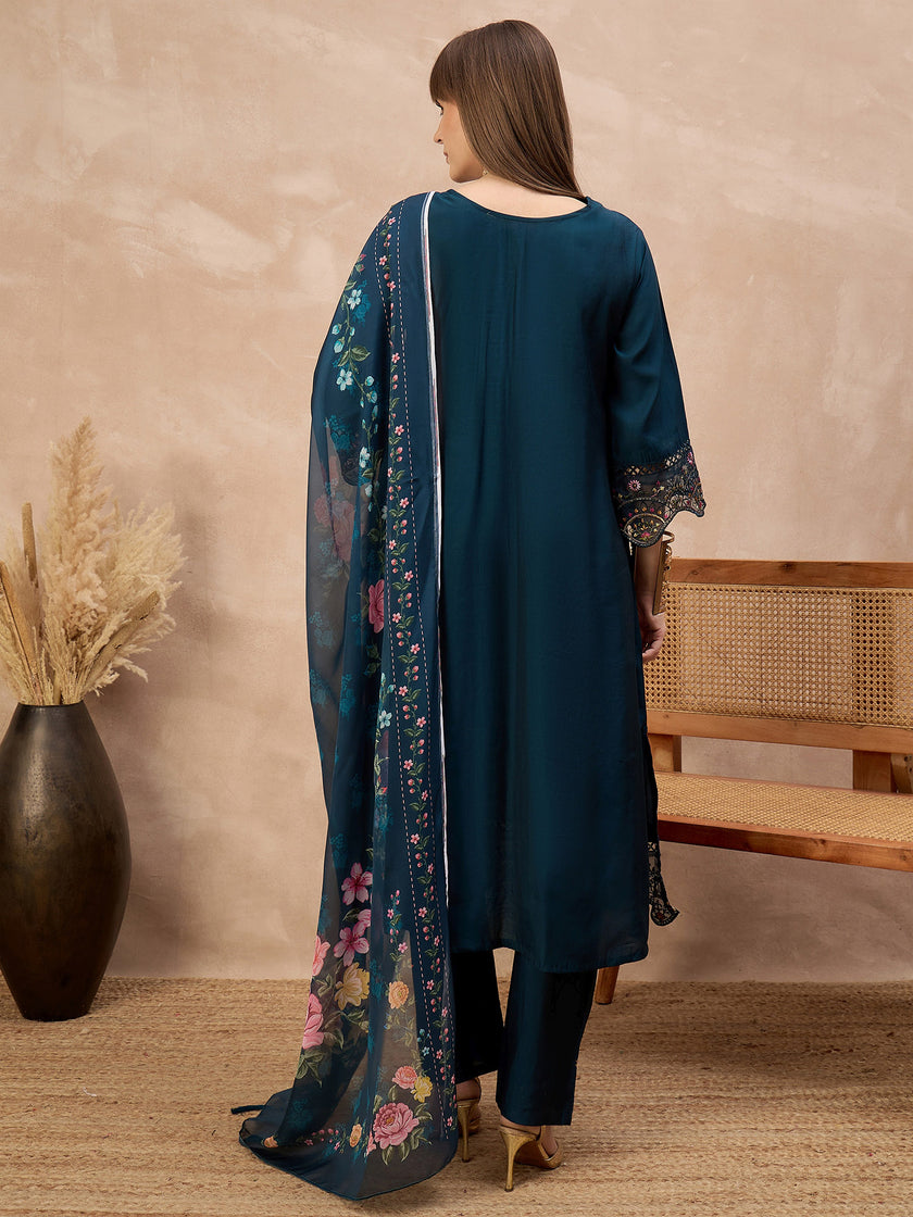 Blue Pure Cotton Beads & Stone Embroidered With Buttons A-Line Kurta Trouser With Printed Dupatta