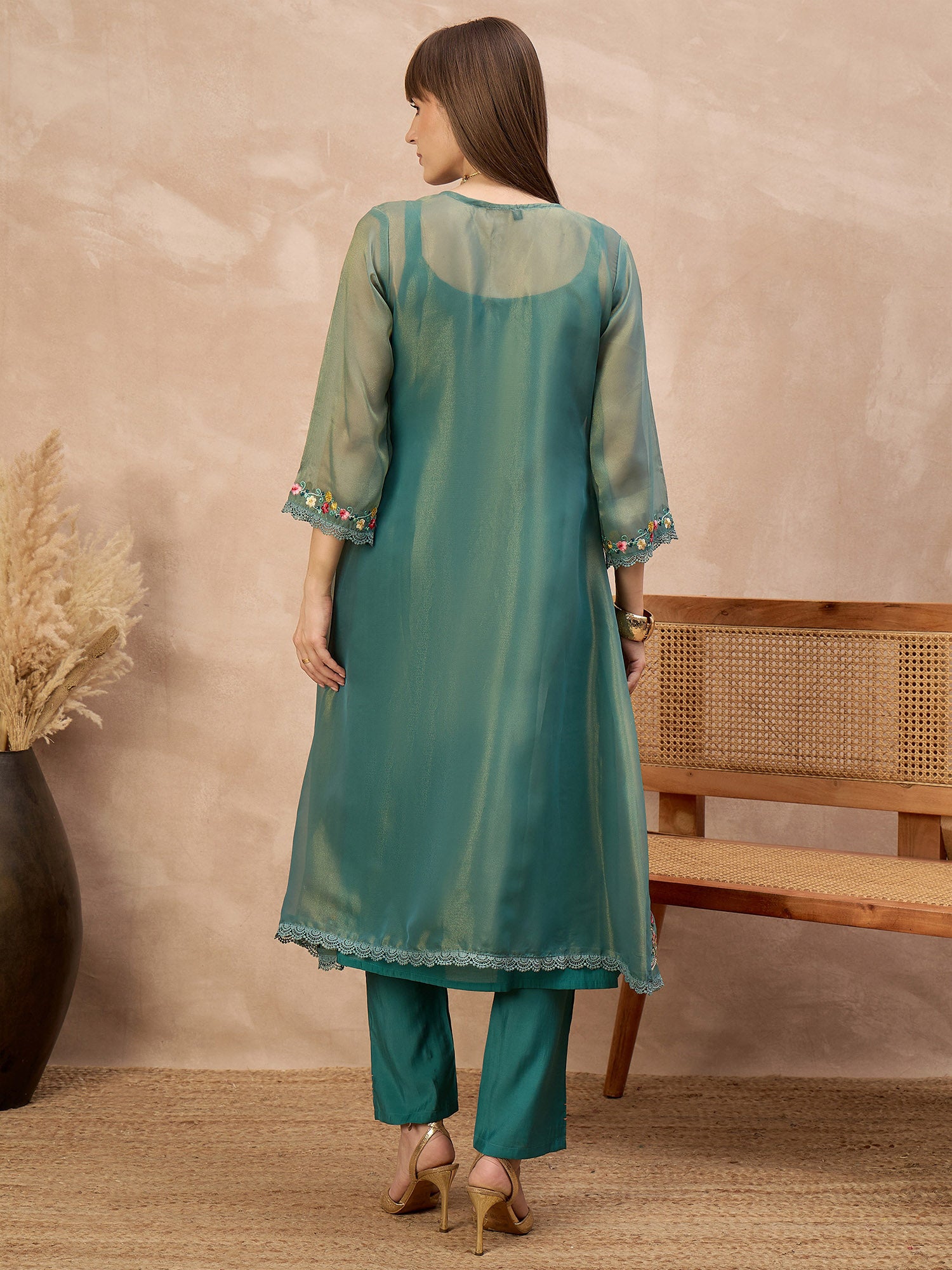 Green Pure Cotton Solid A-Line Kurta Trouser With Floral & Mirror Embroidered Shrug