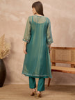 Green Pure Cotton Solid A-Line Kurta Trouser With Floral & Mirror Embroidered Shrug