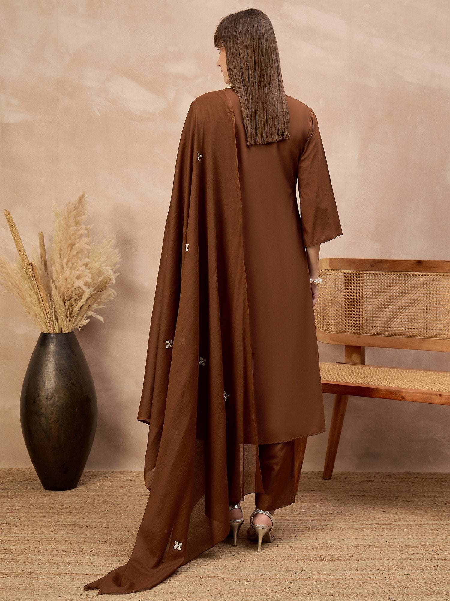 Brown Pure Cotton Geometric Embroidered A-Line Kurta Trouser With Dupatta