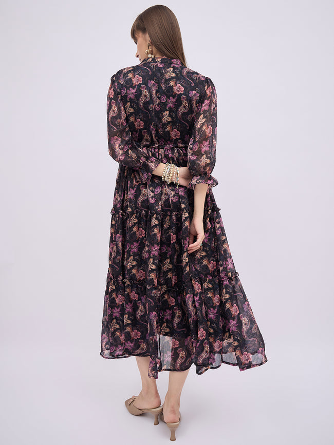 Multi Polyester Printed Fit and Flare Dress