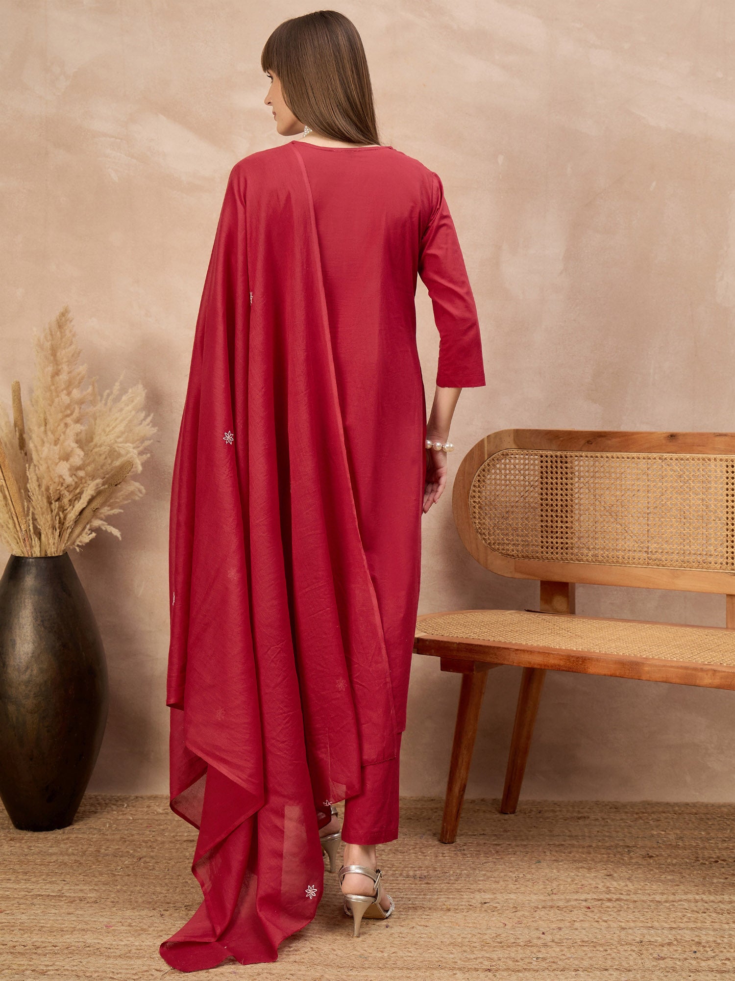 Red Pure Cotton Embroidered Pleated A-Line Kurta Trouser With Dupatta