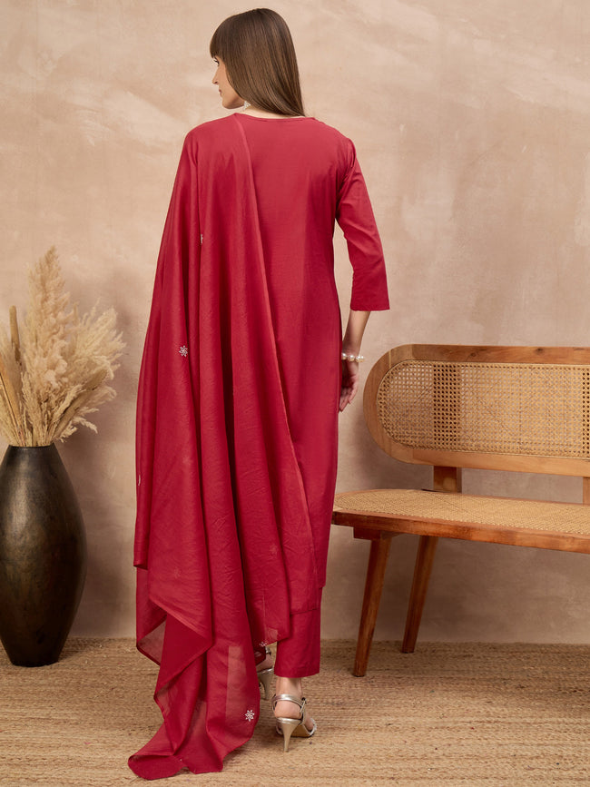 Red Pure Cotton Embroidered Pleated A-Line Kurta Trouser With Dupatta