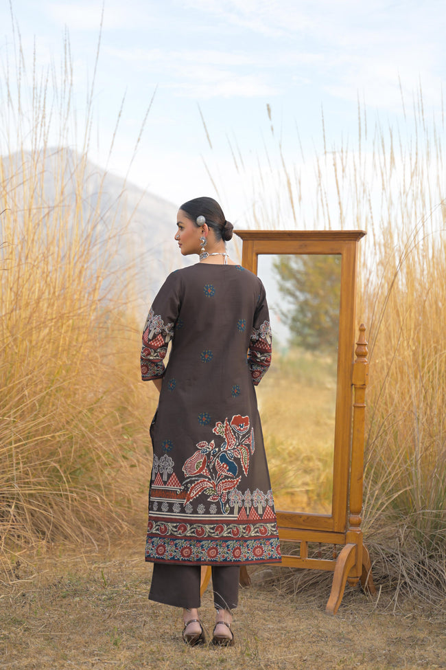 Brown Pure Cotton Ajrakh Printed A-Line Kurta Trouser With Dupatta