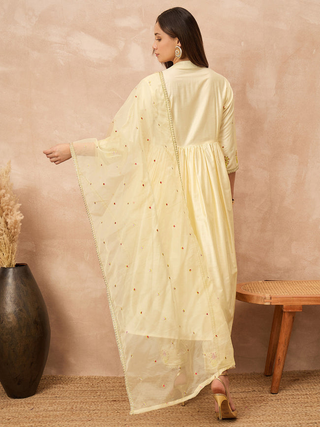 Cream Satin Solid A-Line Kurta Trouser with Dupatta