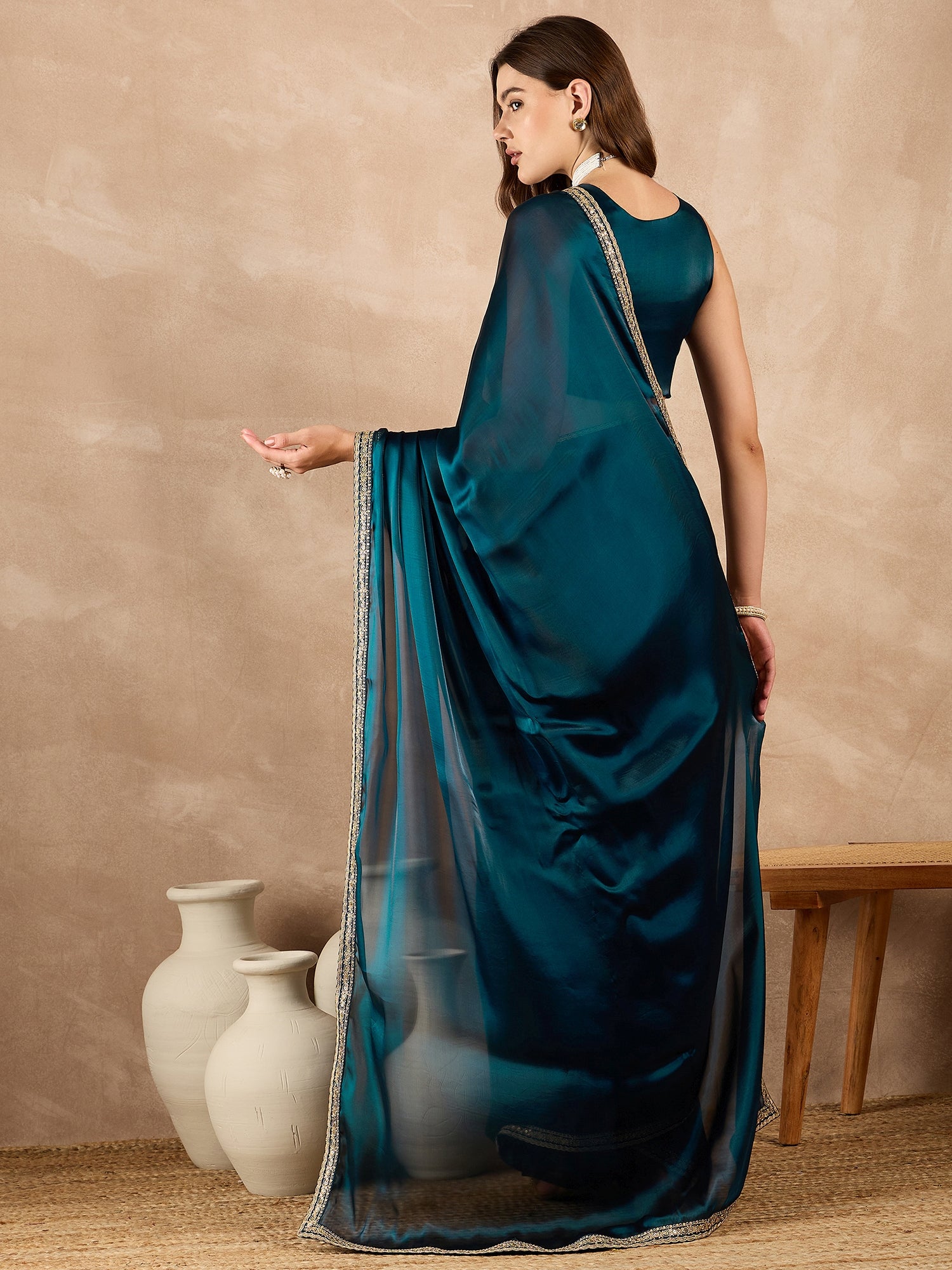 Blue Satin Solid With Sequenced Border Saree with Unstitched Fancy Blouse