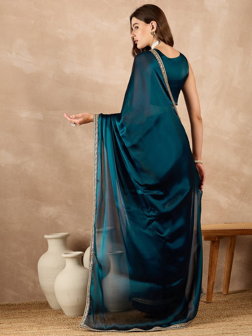 Blue Satin Solid With Sequenced Border Saree with Unstitched Fancy Blouse