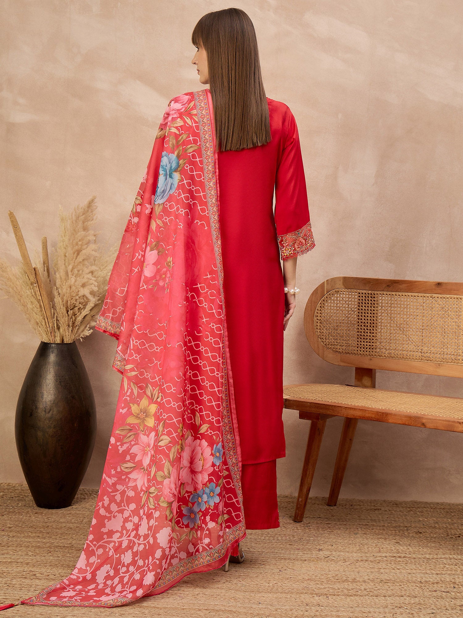 Red Pure Cotton Beads & Stone Embroidered A-Line Kurta Trouser With Printed Dupatta