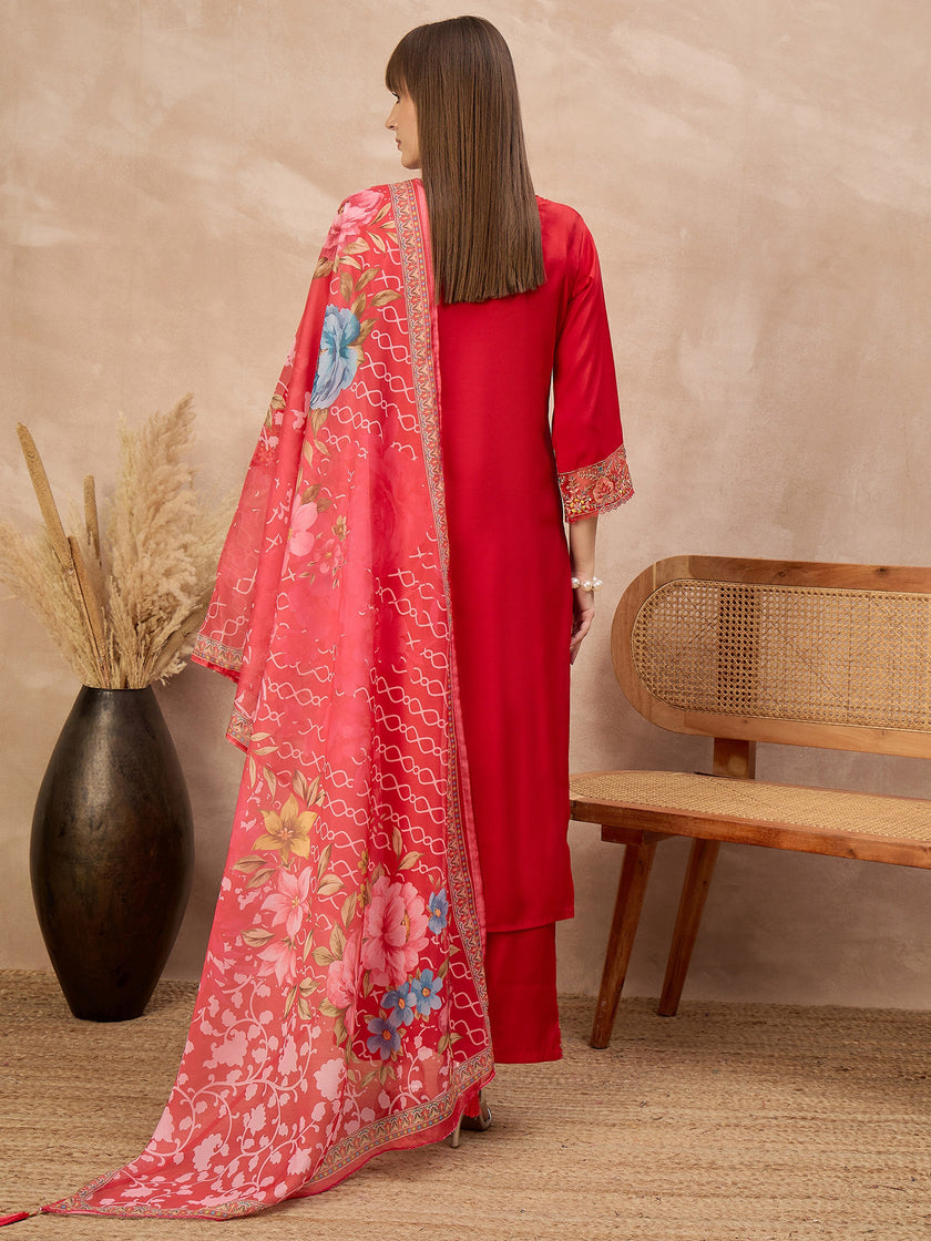 Red Pure Cotton Beads & Stone Embroidered A-Line Kurta Trouser With Printed Dupatta