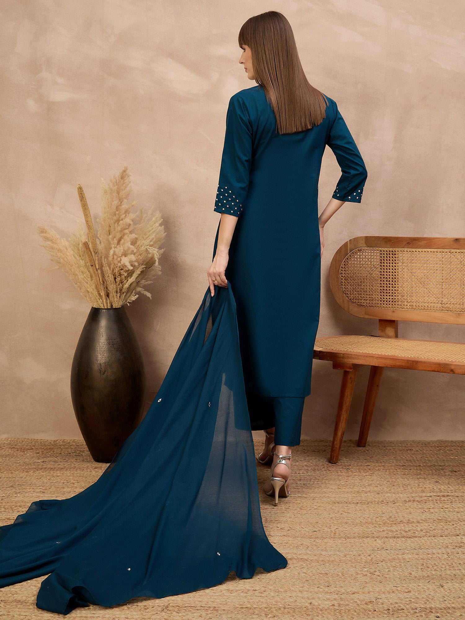 Blue Pure Cotton Floral Embroidered A-Line Kurta Trouser With Dupatta