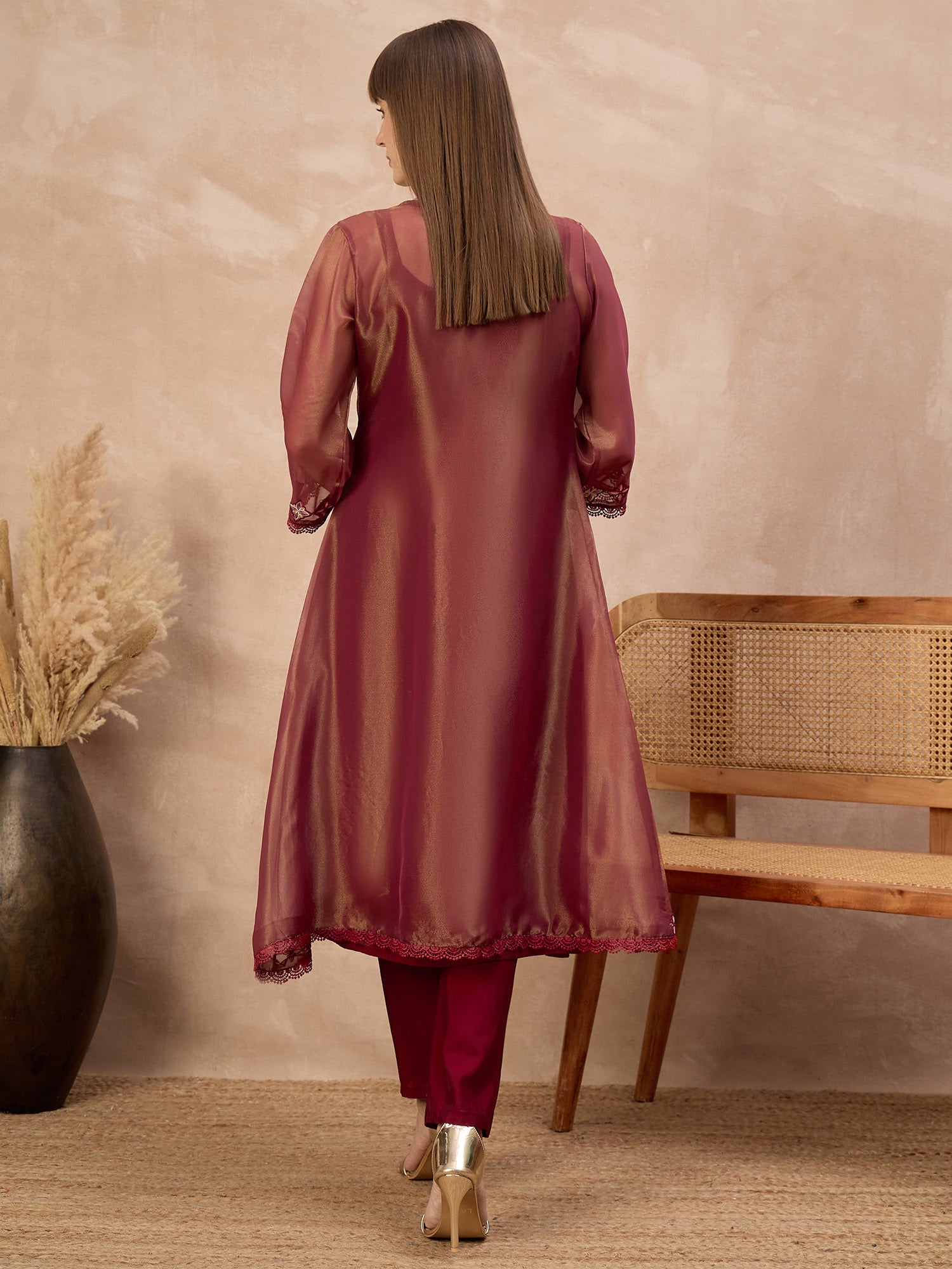 Maroon Pure Cotton Solid A-Line Kurta Trouser With Floral & Mirror Embroidered Shrug