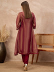 Maroon Pure Cotton Solid A-Line Kurta Trouser With Floral & Mirror Embroidered Shrug