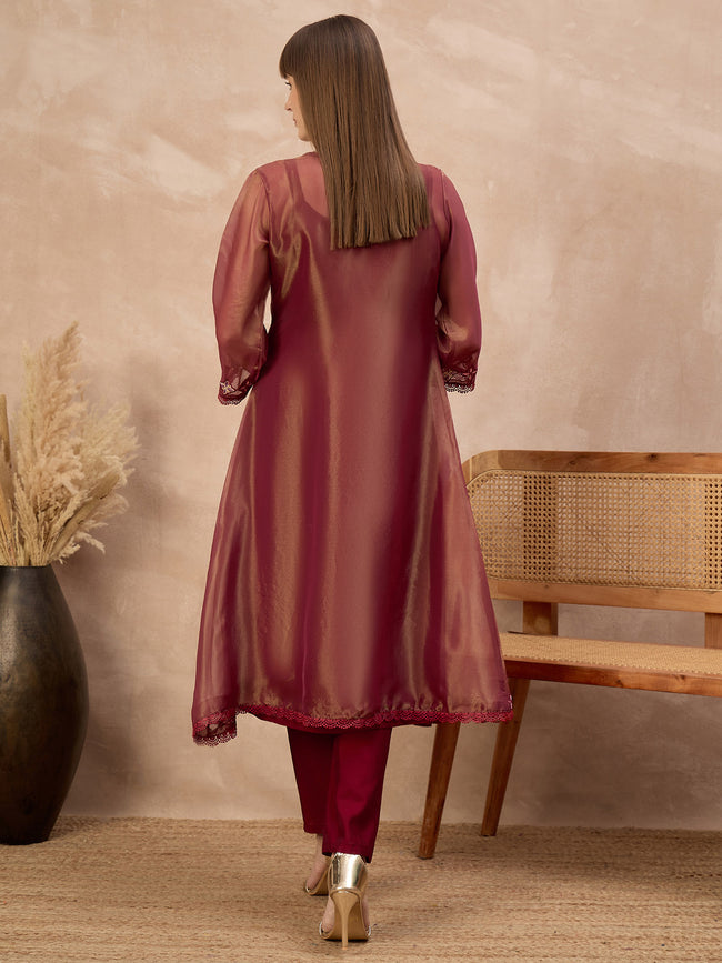 Maroon Pure Cotton Solid A-Line Kurta Trouser With Floral & Mirror Embroidered Shrug