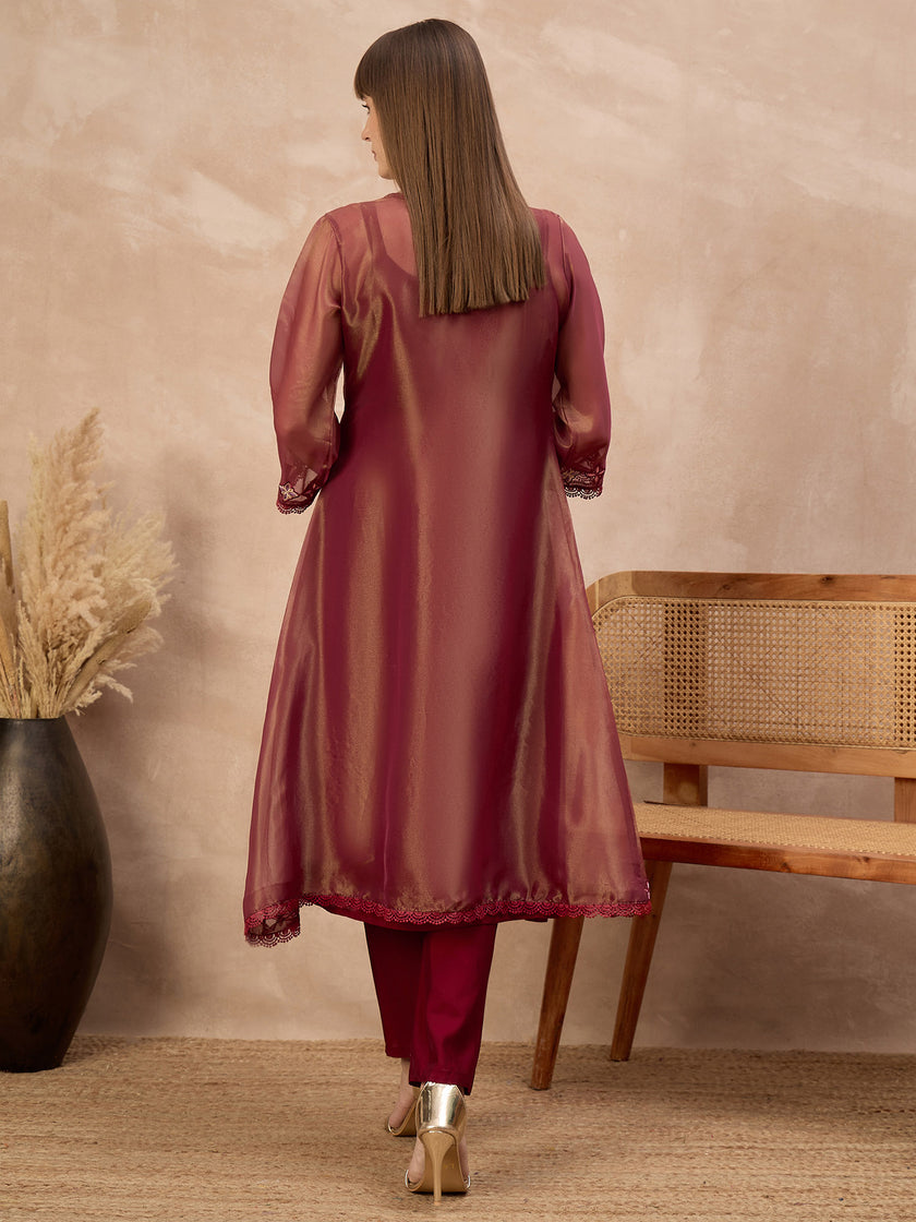 Maroon Pure Cotton Solid A-Line Kurta Trouser With Floral & Mirror Embroidered Shrug