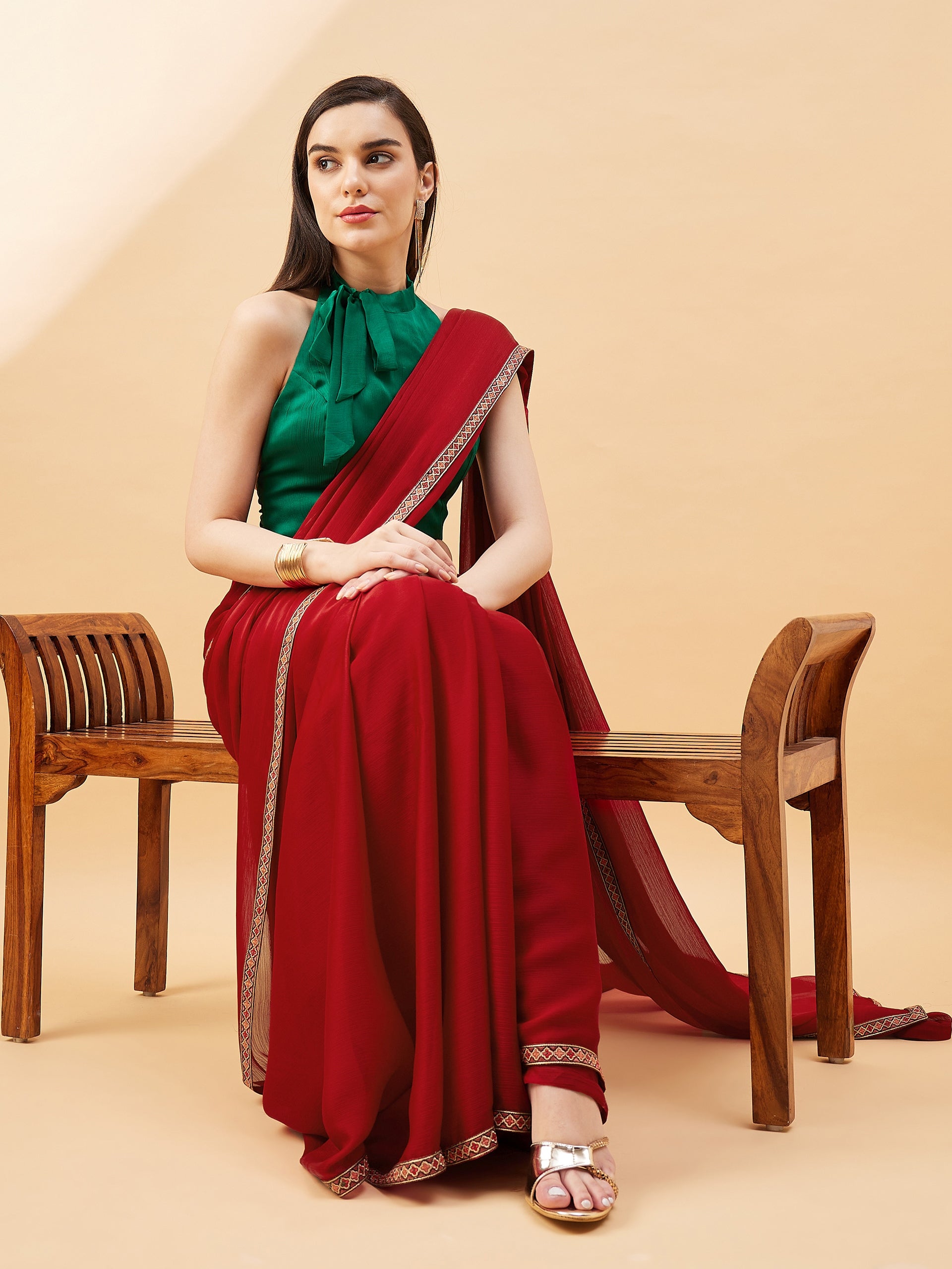 Maroon Satin Solid with Embllished Border Saree with Unstitched Fancy Blouse