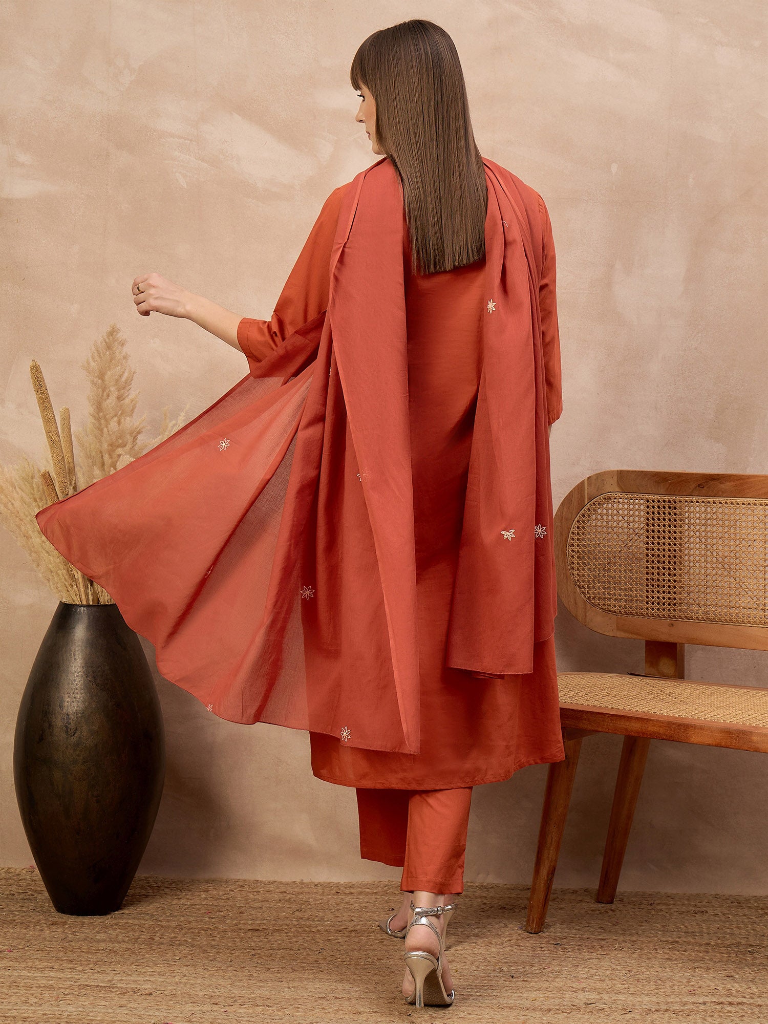 Orange Pure Cotton Embroidered Pleated A-Line Kurta Trouser With Dupatta