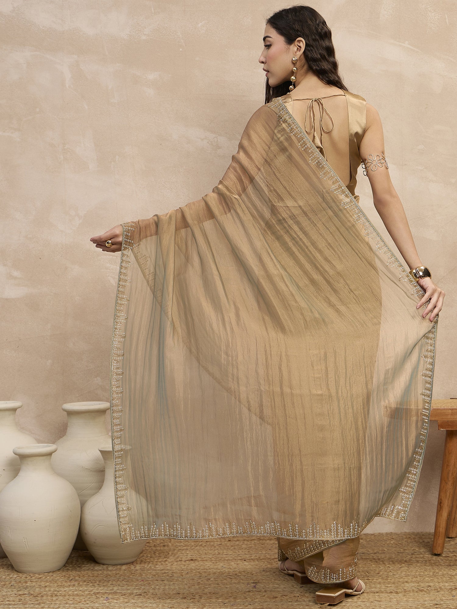 Beige Organza Solid With Stone Work Border Saree with Unstitched Blouse