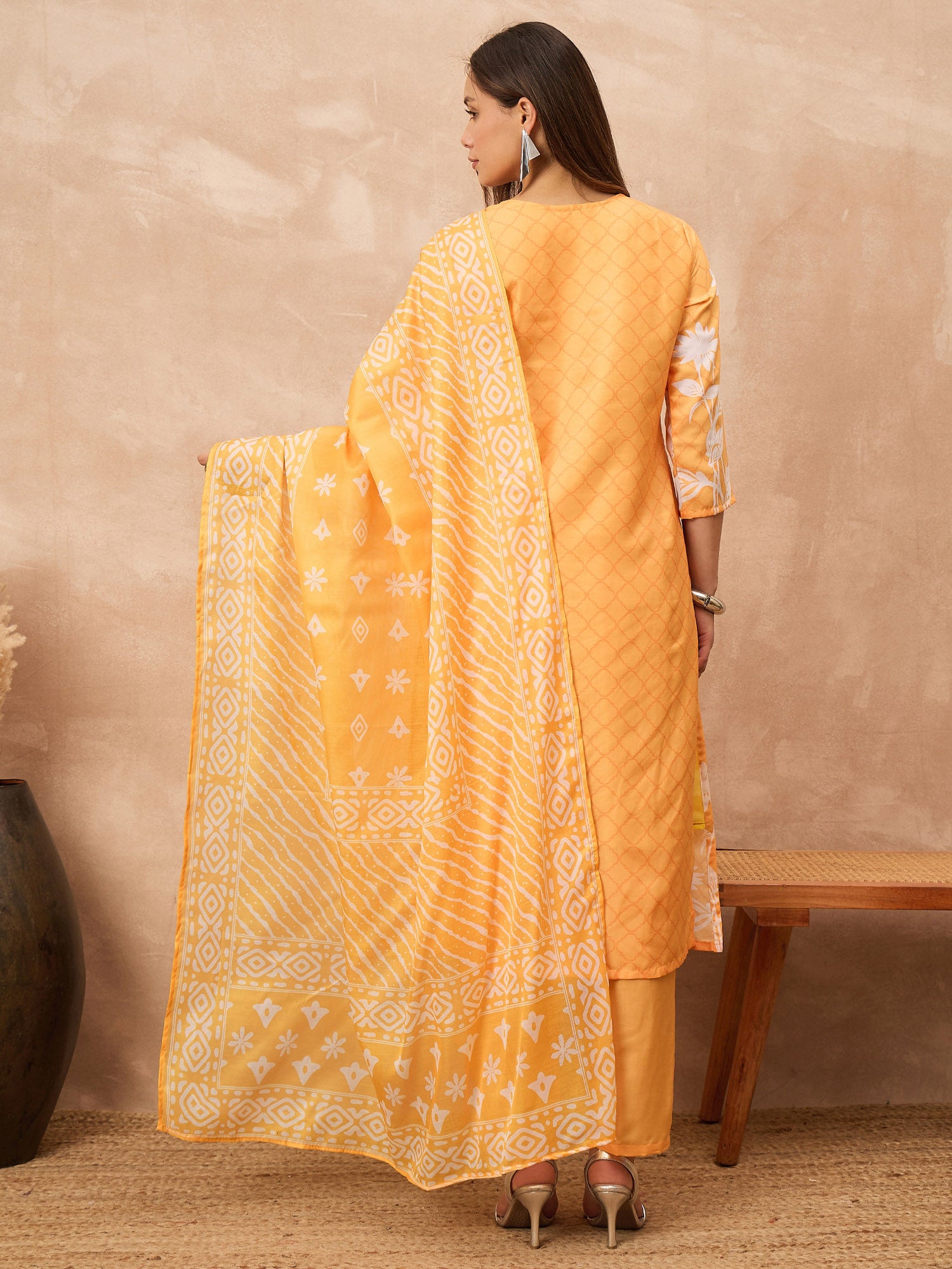 Mustard Silk Blend Printed A-Line Kurta Trouser with Dupatta