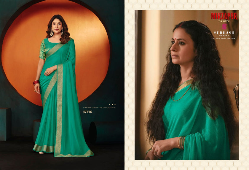 Rani - Mirzapur Special : Soild Sai Chiffon Saree with Gold Jari Border & Designer Blouse