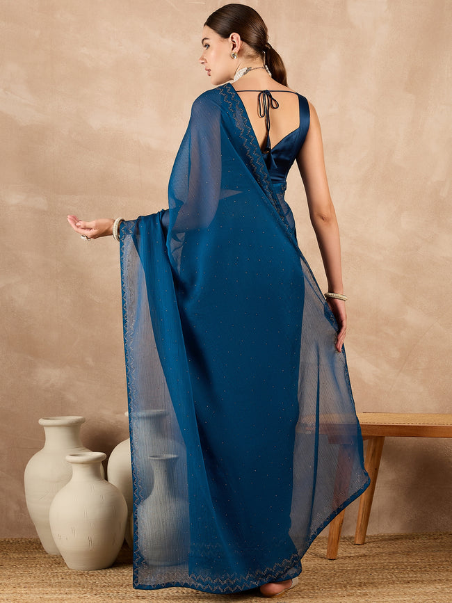 Rama Blue Pure Chiffon Stone Work With Stone Work Border Saree with Unstitched Fancy Blouse