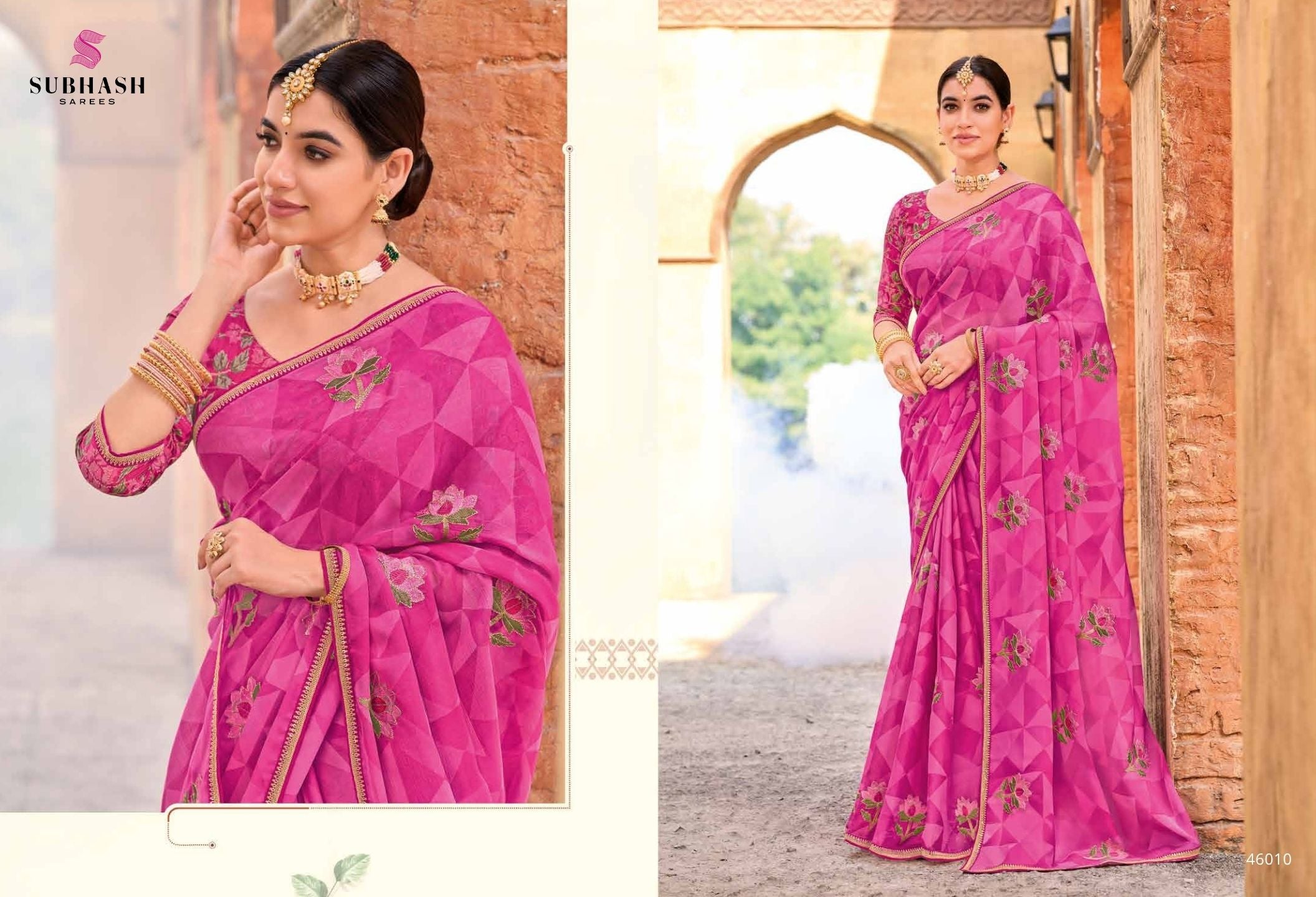 Rakshita: Chiffon Printed Embroidered Sarees with Tusser Silk Blouse