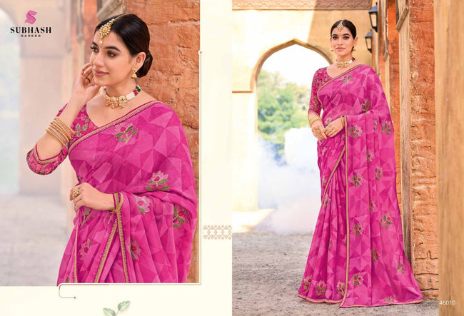 Rakshita: Chiffon Printed Embroidered Sarees with Tusser Silk Blouse