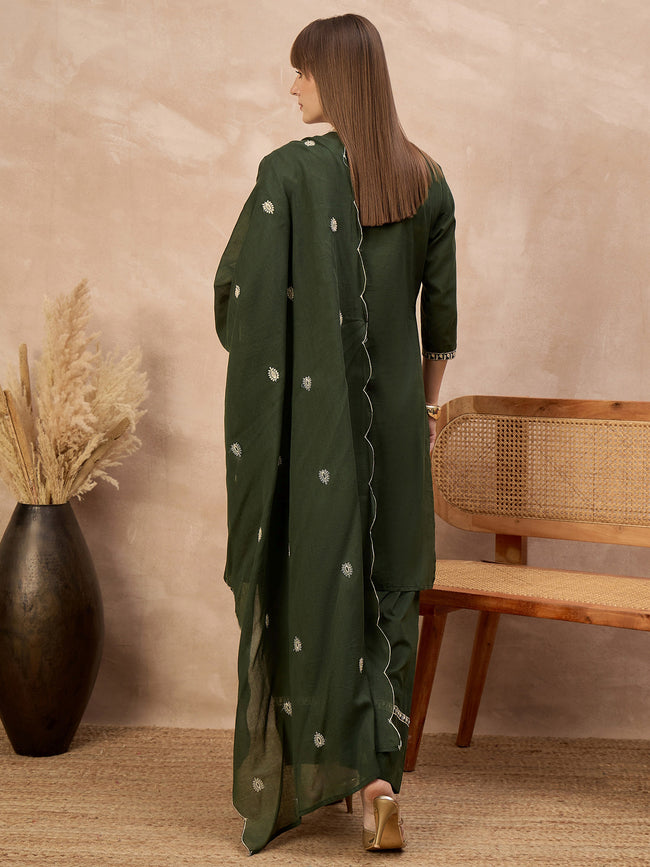 Green Pure Cotton Embroidered A-Line Kurta Trouser With Embroidered Dupatta