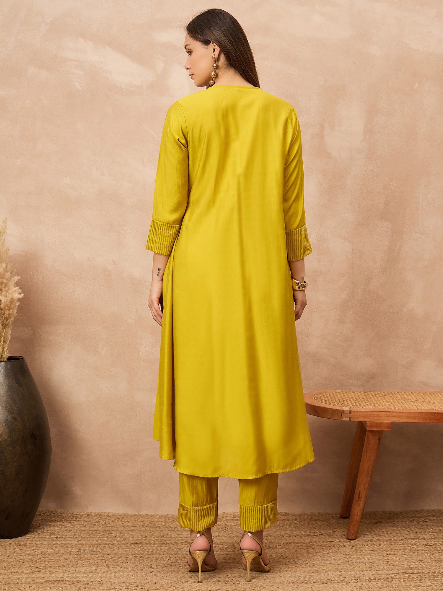 Yellow Silk Blend Solid A-Line Kurta Trouser