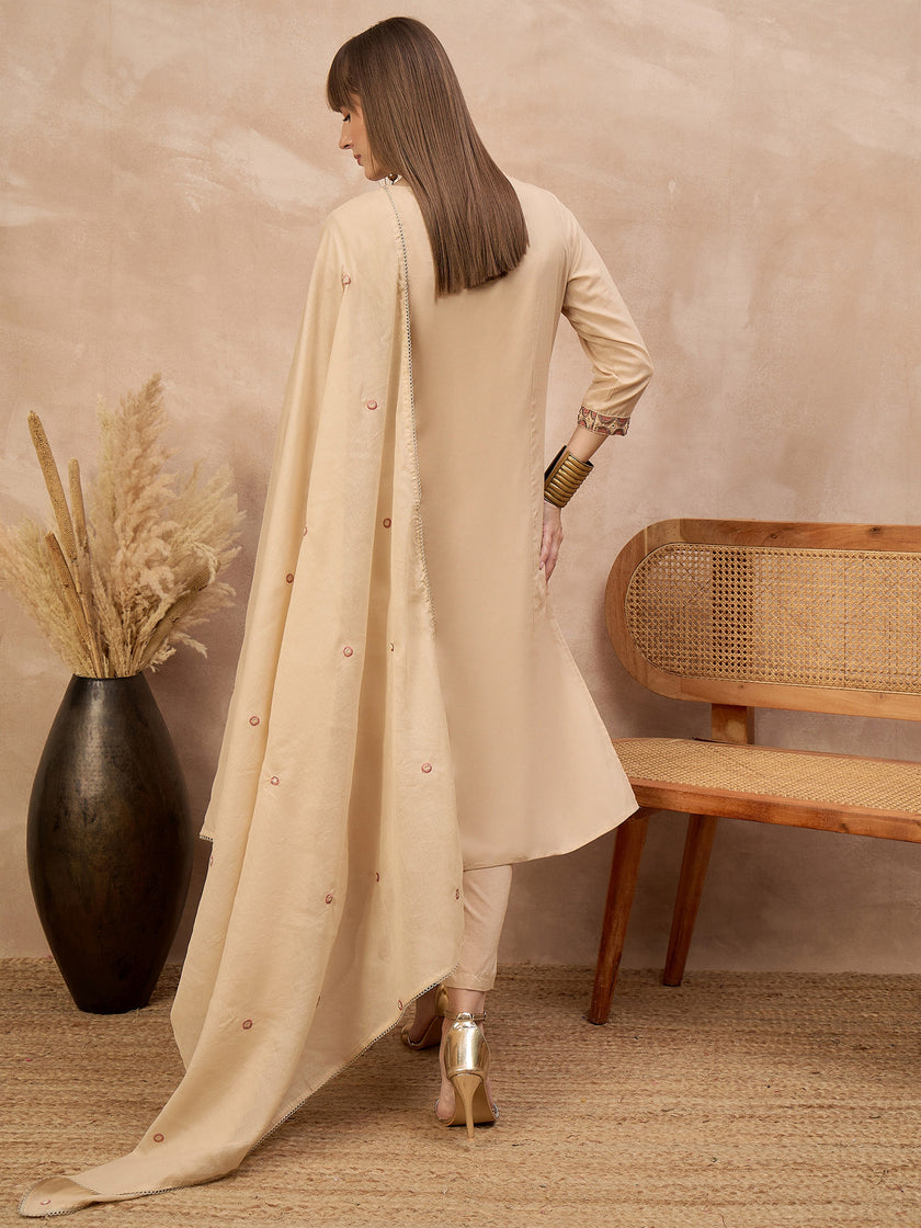 Beige Pure Cotton Floral & Mirror Embroidered A-Line Kurta Trouser With Dupatta