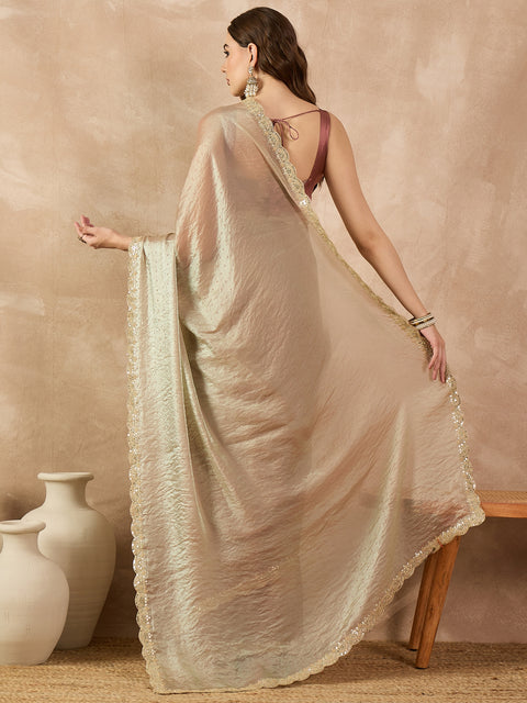 Golden Organza Solid With Stone Work Border Saree with Unstitched Fancy Blouse